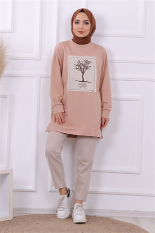 Ağaç Nakışlı Sweat Koyu Krem