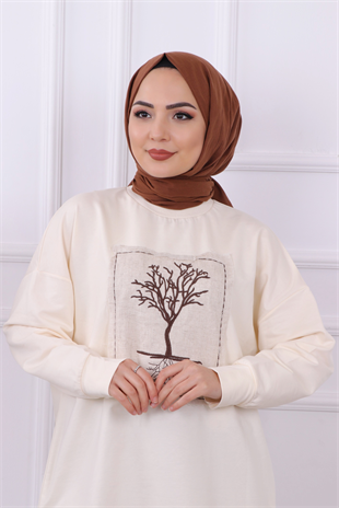 Ağaç Nakışlı Sweat Krem