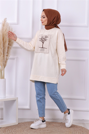 Ağaç Nakışlı Sweat Krem