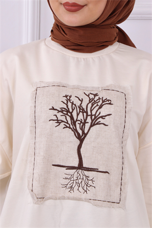 Ağaç Nakışlı Sweat Krem