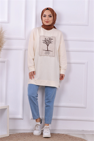 Ağaç Nakışlı Sweat Krem