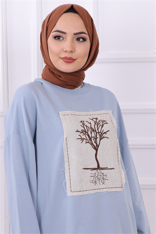 Ağaç Nakışlı Sweat Mavi