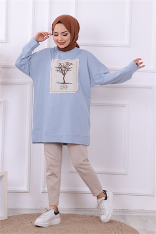 Ağaç Nakışlı Sweat Mavi