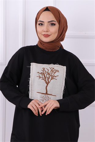 Ağaç Nakışlı Sweat Siyah