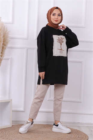 Ağaç Nakışlı Sweat Siyah