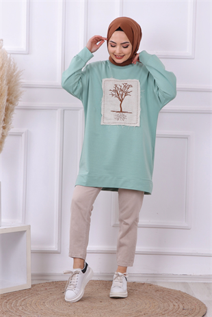 Ağaç Nakışlı Sweat Yeşil