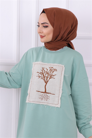 Ağaç Nakışlı Sweat Yeşil