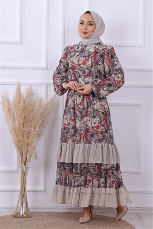 Altı Fırfırlı Elbise Bordo-Siyah