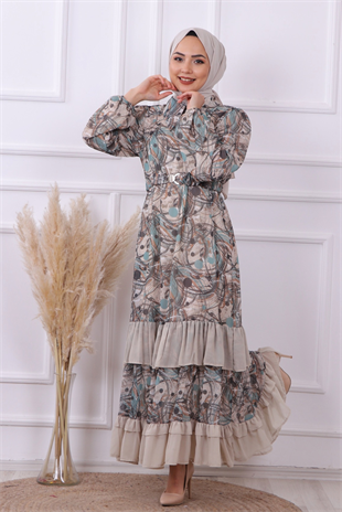 Altı  Fırfırlı Elbise Yeşil-Siyah