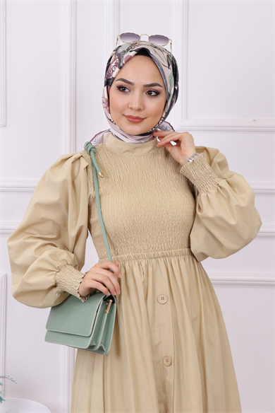 Altı Düğme Detaylı Elbise Krem