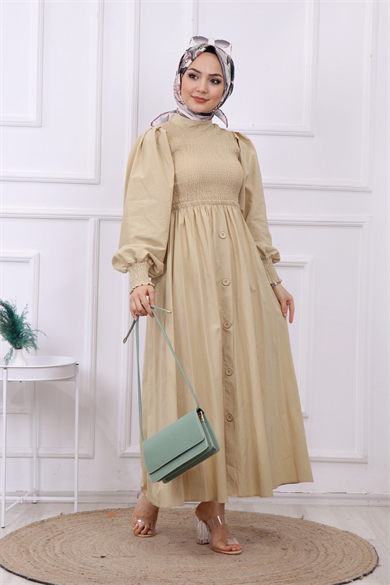 Altı Düğme Detaylı Elbise Krem