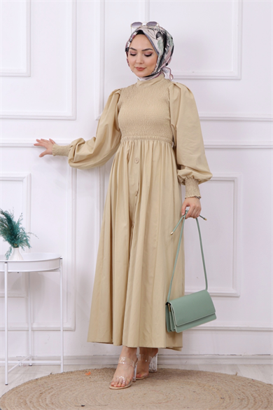 Altı Düğme Detaylı Elbise Krem