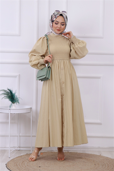 Altı Düğme Detaylı Elbise Krem