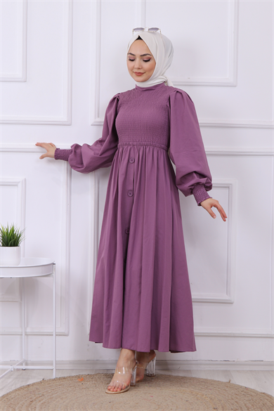 Altı Düğme Detaylı Elbise Mor