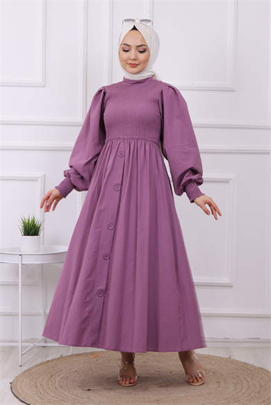 Altı Düğme Detaylı Elbise Mor