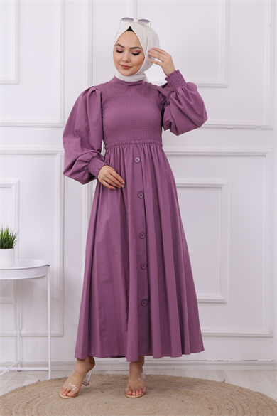 Altı Düğme Detaylı Elbise Mor