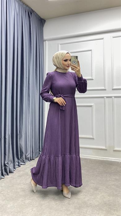 Altı Fırfır Detaylı Kuşaklı Mor Elbise 