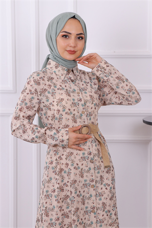 Altı Fırfırlı Önden Düğmeli Elbise Yeşil