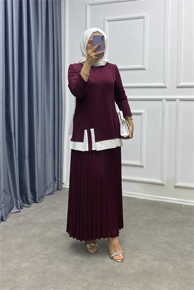 Altı Pileli Etekli Takım Bordo