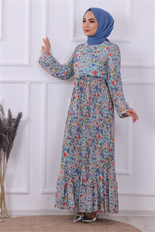 Altı Pliseli Çiçekli Elbise Yeşil