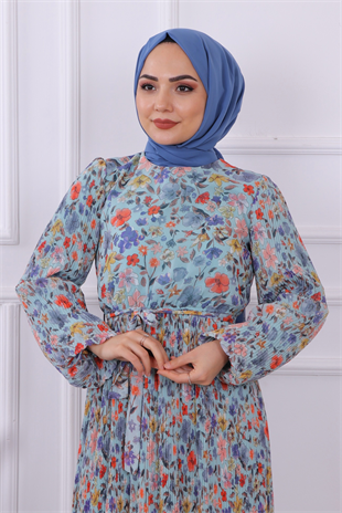 Altı Pliseli Çiçekli Elbise Yeşil