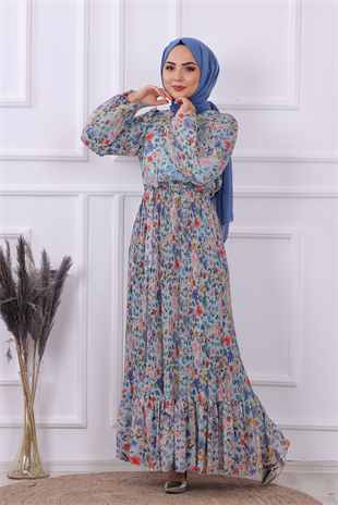 Altı Pliseli Çiçekli Elbise Yeşil