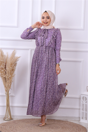 Altı Pliseli Çiçekli Elbise Mürdüm