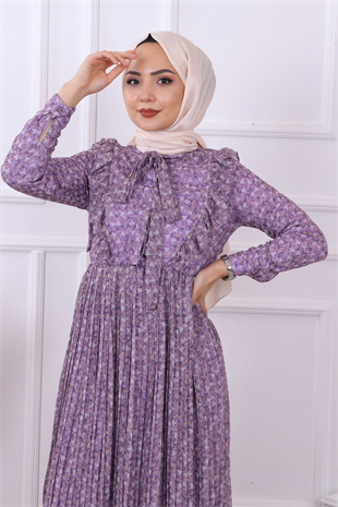 Altı Pliseli Çiçekli Elbise Mürdüm