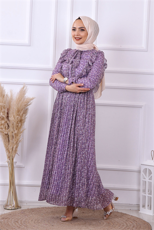 Altı Pliseli Çiçekli Elbise Mürdüm