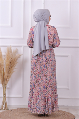 Altı Pliseli Çiçekli Elbise Pembe