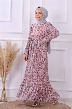 Altı Pliseli Çiçekli Elbise Pembe