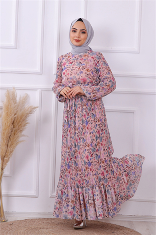 Altı Pliseli Çiçekli Elbise Pembe