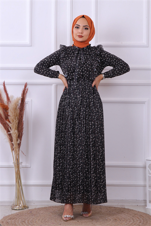 Altı Pliseli Çiçekli Elbise Siyah