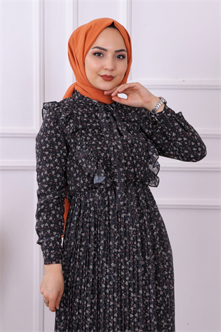 Altı Pliseli Çiçekli Elbise Siyah