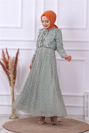 Altı Pliseli Çiçekli Elbise Yeşil