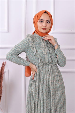 Altı Pliseli Çiçekli Elbise Yeşil