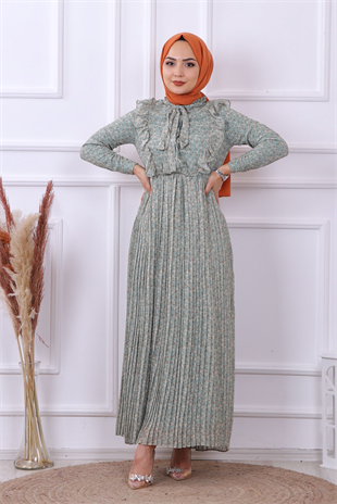 Altı Pliseli Çiçekli Elbise Yeşil