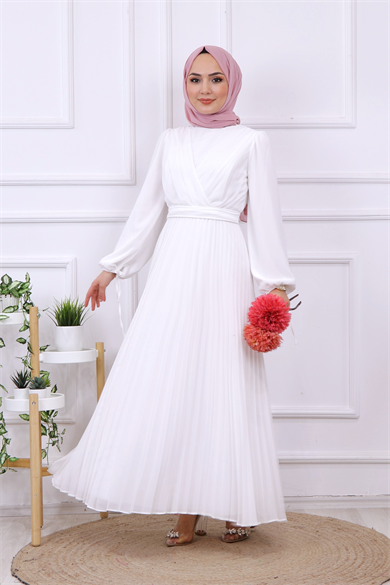 Altı Pliseli Elbise Beyaz