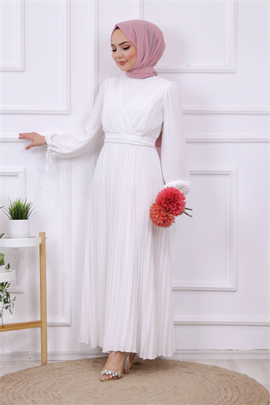 Altı Pliseli Elbise Beyaz
