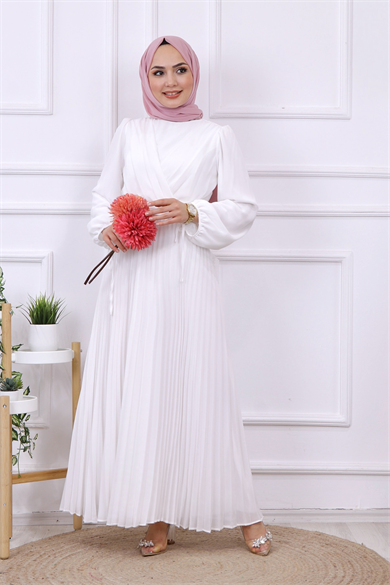 Altı Pliseli Elbise Beyaz