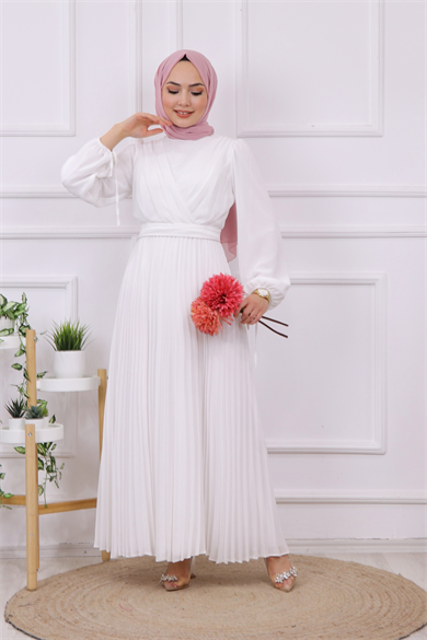 Altı Pliseli Elbise Beyaz