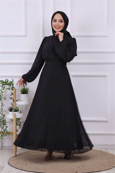 Altı Pliseli Elbise Siyah