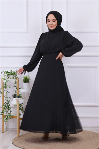Altı Pliseli Elbise Siyah