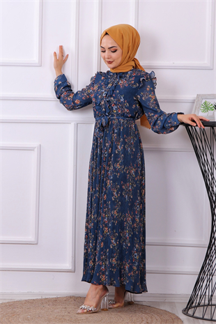 Altı Pliseli Omuzları Fırfırlı Elbise Lacivert