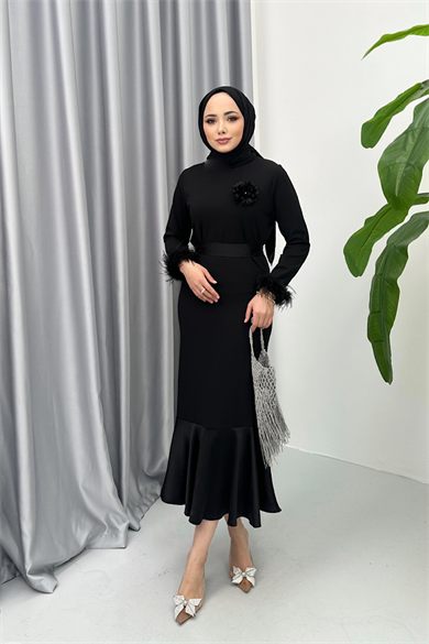 Altı Saten Elbise Siyah