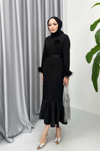 Altı Saten Elbise Siyah