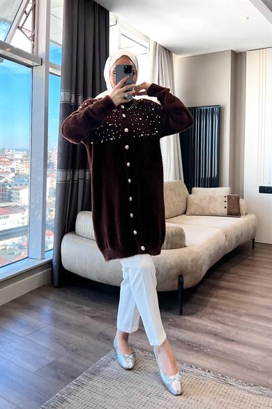 Angora Taşlı Hırka Kahverengi