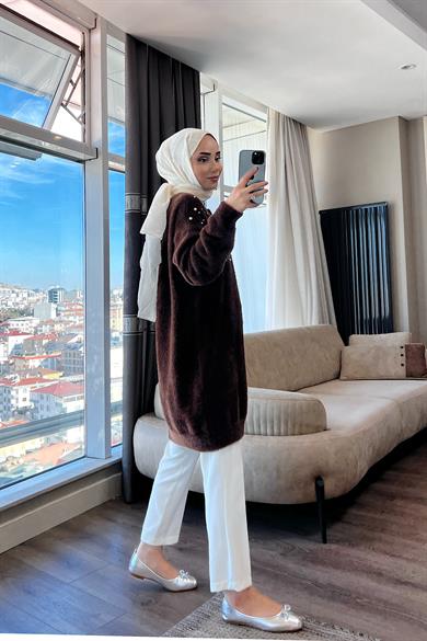 Angora Taşlı Hırka Kahverengi