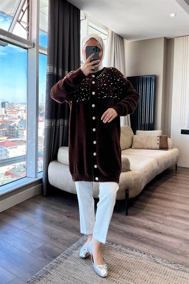 Angora Taşlı Hırka Kahverengi