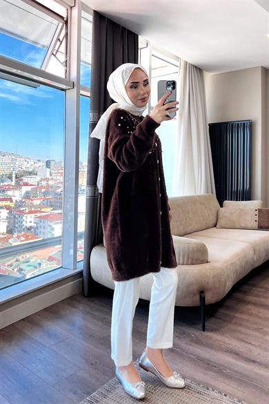 Angora Taşlı Hırka Kahverengi